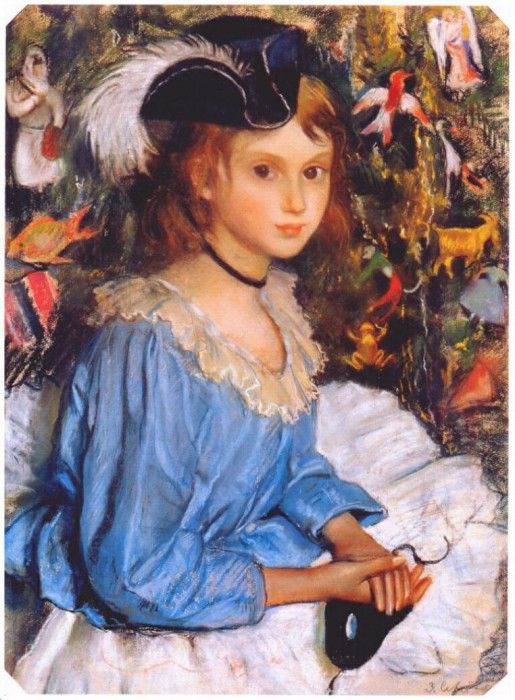 serebryakova katya in blue dress by christmas tree 1922.    (1884-1967)