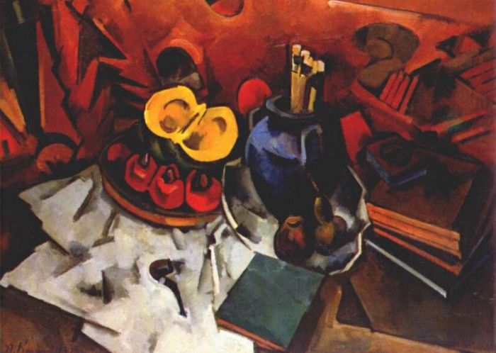 kuprin still life with gourd vase and brushes 1917. 