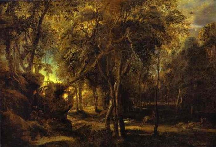 Peter Paul Rubens - A Forest at Dawn with a Deer Hunt. ,  