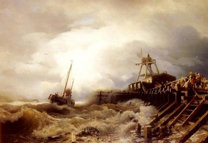 Achenbach Andreas A Fishing Boat Caught In A Squall Off A Jetty. Achenbach, 