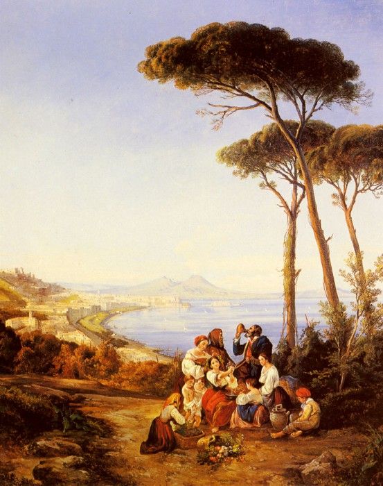 Carelli Consalve A Group Of Peasants With The Bay Naples Beyond. Carelli, 