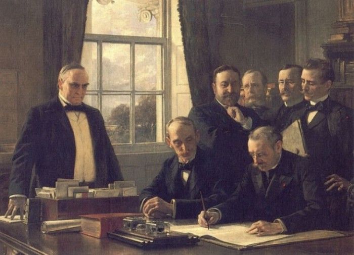 The Signing of the Protocol of Peace Between the United States and Spain on August 12 1898. Chartran, 
