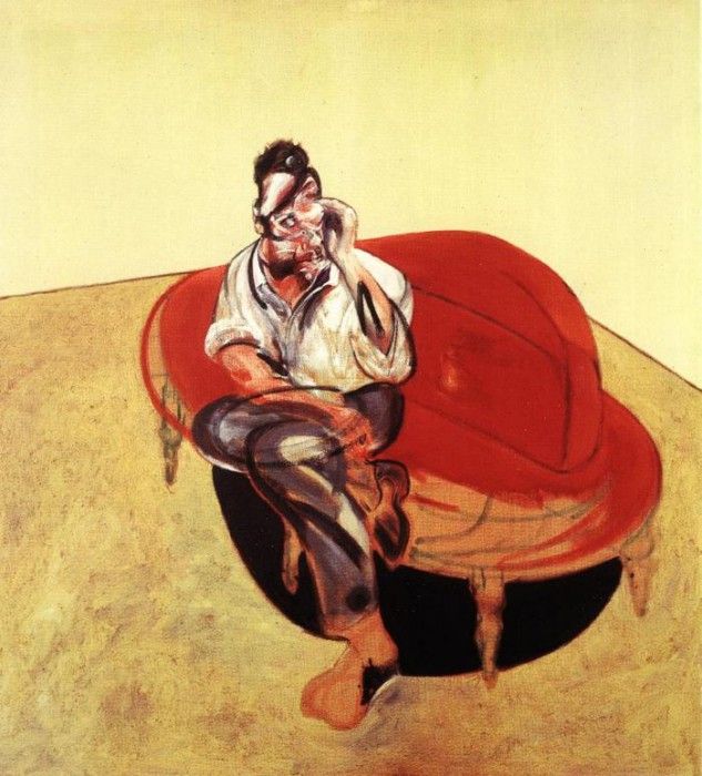 Bacon Portrait of Lucian Freud on orange couch, 1965. , 