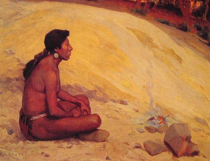 Indian Seated by a Campfire. Couse,  E