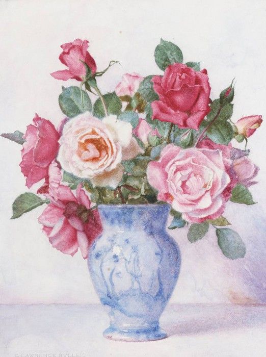 A still life of Roses in a blue and white vase. Bulleid  