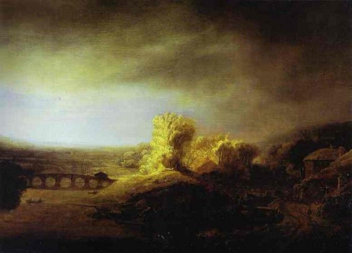Rembrandt - Landscape with a Long Arched Bridge.    