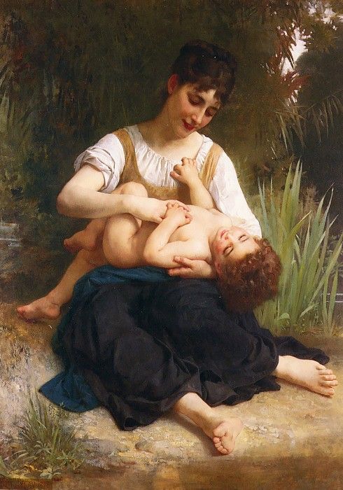 Bouguereau William Adolphe Juene Fille Et Enfant (Mi-Corps). ,  