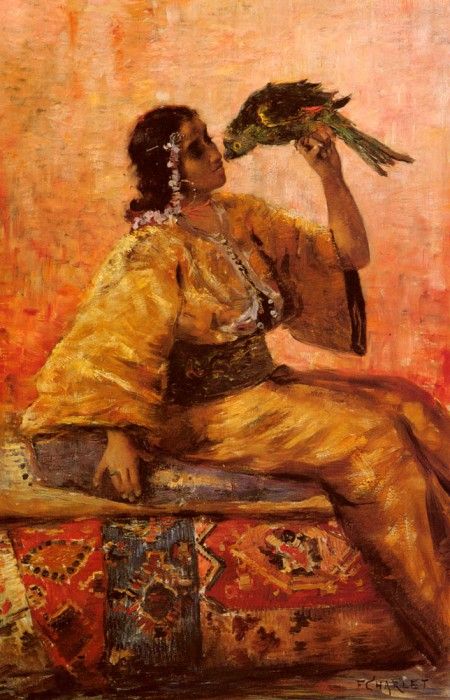 Charlet Frantz A Moroccan Beauty Holding A Parrot. Charlet, 