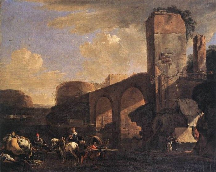 ASSELYN Jan Italianate Landscape With River And An Arched Bridge. Asselyn, 