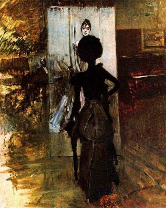 Woman in Black who Watches the Pastel of Signora Emiliana Concha de Ossa 1888. Boldini, 