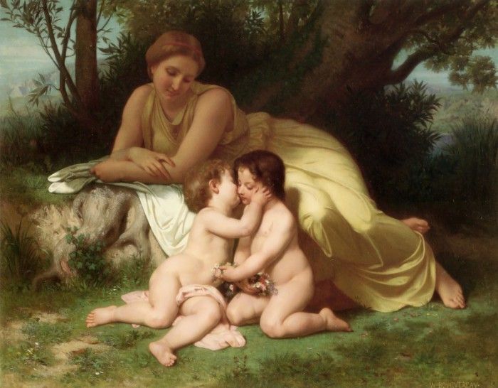 Young Woman Contemplating Two Embracing Children. ,  
