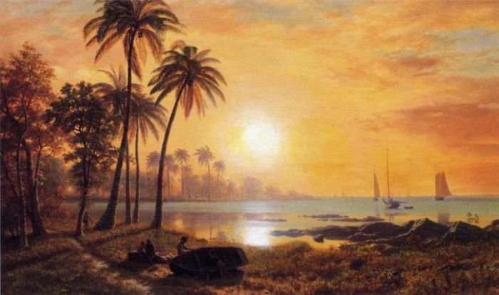 Bierstadt Albert Tropical Landscape with Fishing Boats in Bay. , 