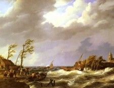 Koekkoek Johannes Hermanus Dutch fishing Vessel caught On a Lee Shore With Villagers. Koekkoek, �������� Hermanus