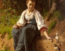 Delobbe Francois Alfred A Young Girl Feeding Baby Chicks. Delobbe  