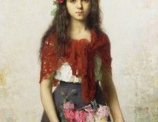     [Young girl with blossoms]. ,  