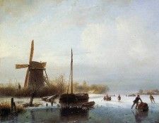 Schelfhout Andreas Boat in frozen canal Sun. Schelfhout, 