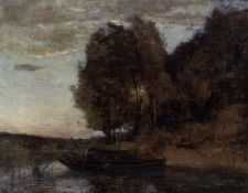 Corot Fisherman Boating along a Wooded Landscape. , --