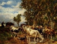 Jacque Charles Emile Troupeau De Vaches A L Abreuvoir. ,  