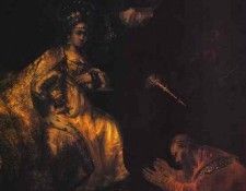 Rembrandt - Haman Begging Esther for Mercy.    