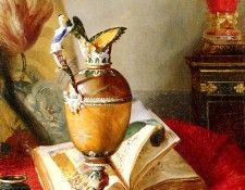 Desgoffe Blaise Alexandre A Still Life With Urns And Illuminated manuscript On A Draped Table. Desgoffe,  