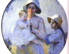 shulz,ada mother and two children outdoors. , 