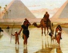 arabs crossing a flooded field by the pyramids. , 