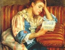 cassatt mrs duffee seated on a striped sofa, reading 1876.  