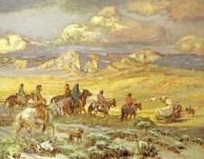 Berninghaus Oscar E Friendly Indians Watching A Wagon Train. Berninghaus,  