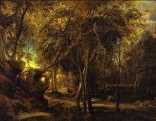 Peter Paul Rubens - A Forest at Dawn with a Deer Hunt. ,  