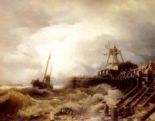 Achenbach Andreas A Fishing Boat Caught In A Squall Off A Jetty. Achenbach, 