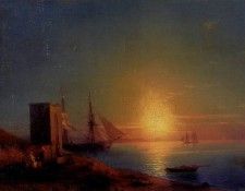 Aivazoffski Ivan Konstantinovich Figures In A Coastal Landscape At Sunset.   