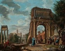 The Roman Forum with the Arch of Titus, with figures and the Capitoline Hill in the background. ,  
