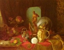 Desgoffe Blaise A Still Life With Fruit Objets D Art And A White Rose On A Table. Desgoffe,  