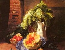 Noter David Emil Joseph De A Still Life With A White Porcelain Pitcher Fruit And Vegetables. ,    