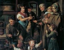 Eine reisende Bettlerfamilie wird am Heiligen Christabend von armen Bauersleuten beschenkt 1834. ����������� ��������� �����