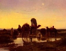 Girardet Eugene Alexis Camel Train By An Oasis At Dawn. ,  