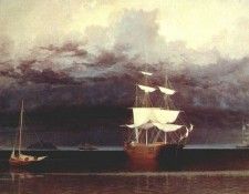 lane ships and an approaching storm off camden, maine 1860. ,  