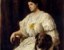 portrait of a lady with her collie seated three quarter length. , 