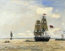 Jongkind Johan Berthold Norwegian Naval Ship Leaving the Port of Honfleur. Jongkind,  