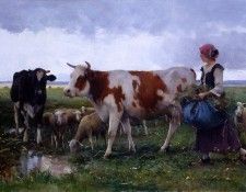 Peasant woman with cows and sheep. , 