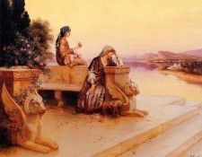 Ernst Rudolph Elegant Arab Ladies on a Terrace at Sunset.  