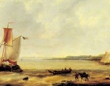 Verboeckhoven Louis Fishing Off A Jetty With A Village Beyond. Verboeckhoven 