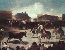 Goya Village Bullfight, 1793, oil on wood, Academy of San Fe.   ,  