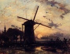 Jongkind Johan Berthold Boatman by a Windmill at Sundown. Jongkind,  