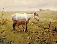 Wierusz Kowalski Alfred Von A Mare And Her Foal In A Landscape. Wierusz-,  