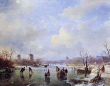 Schelfhout Andreas Scaters on frozen river with mill Sun 2. Schelfhout, 