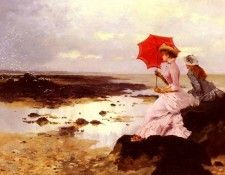Duez Ernest Ange Au Bord De La Plage Sur Un Rocher. Duez  