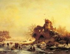 Kruseman Frederik Marianus Winter Landscape With Skaters On A Frozen River Beside Castle Ruins. Kruseman,  