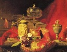 Desgoffe Blaise Alexandre (French) 1830 to 1901 A Still Life With Iris And Urns On A Red Tapestry. Desgoffe,  