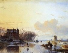 Schelfhout Andreas Mother and child on frozen river Sun. Schelfhout, 